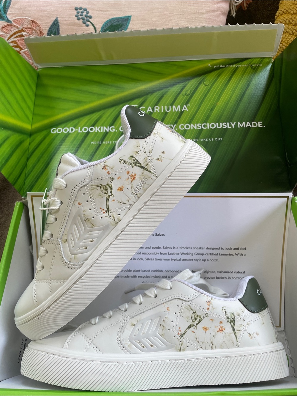 Limited Edition SALVAS Leather White Khaki Parrot Print Sneakers